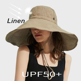 Wide Brim Hats Bucket Summer 18cm Linen Sun for Women Uv Protection UPF 50 Sunshade Foldable Hat Beach Outing Panama 230517