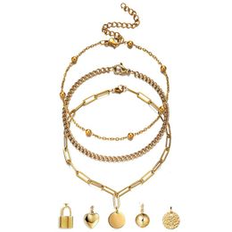 Charm Bracelets 3PC/Set Stainless Steel Link Chain Multilayer Bracelet For Men Women Simple Heart Coin Lock Sets JewelryCharm