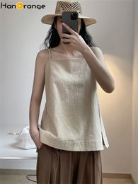 Camisoles Tanks HanOrange Summer Linen Camis Women Cool Loose Thin Slash Neck Camisole Casual Sleeveless Top Female Black/Beige 230518