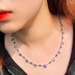 Choker CWWZircons Heart Shape Purple Green Cubic Zirconia Chain Link Tennis Necklace For Women Summer Party Jewelry Gift CP111