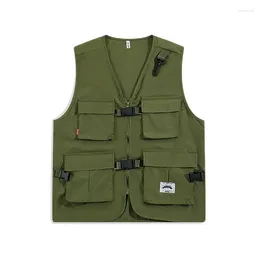 Men's Vests Summer Vest Men Jacket High Street V Neck Pocket Gilet Coats Male Fashion Sleeveless Casual Cargo Waistcoat