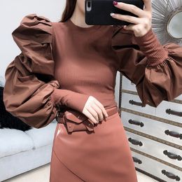 Women's Blouses Shirts IHOBBY Women Puff Sleeve Knitting Slim Sweater Round Neck Patchwork Fashion Streetwear Blusas Korean Clothing 230517