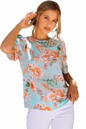 sky Blue Floral Print Short Puff Sleeves Top V11s#