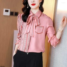 Women's Blouses EWSFV 2023 Autumn Women Pink Silk Shirt Temperament Heavy Mulberry Top Long Sleeve Lace-up Collar Loose