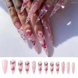 False Nails 24Pcs Press On Long Stiletto With Glue Pink Butterfly Cloud Rhinestones Design Acrylic Fake Nail Detachable