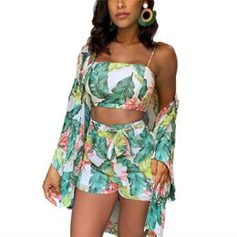Two Piece Dress Summer New Women Boho 3Pcs Floral Print Cardigan Blouse+Crop Top+Shorts Lady Holiday Beach Three Pieces Set Casual Shorts Sets P230517
