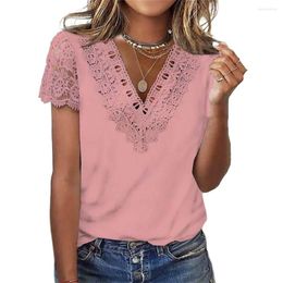 Women's T Shirts Women T-shirt Short Sleeve Lace Stitching V-neck Hollow Out Loose Cutout Summer Top