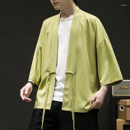 Ethnic Clothing Large Size Japanese Kimono Cardigan Green Harajuku Street Traditional Yukata Loose Men Shirt Sunscreen Jacket