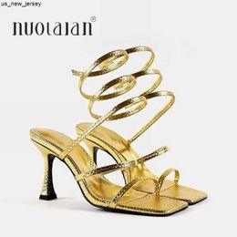 Sandals New Arrival Fashion Gold Women High Heels Sandals Thin Low Heel Narrow Band Rome Sandal Summer Gladiator Casual Sandal Shoes J230518