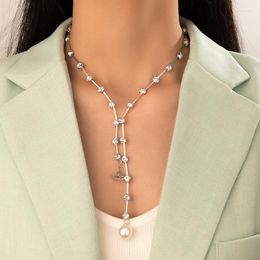 Pendant Necklaces Shiny Crystal Stone Long Chain Necklace Elegant Pearl Sweater AlloyMetal Adjustable Party Jewellery 8034