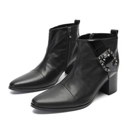 7CM Heels High Elegant Men's Boots Shoes Pointed Toe Black Soft Leather Short Boots Men Buckle Business,Party Boots Men