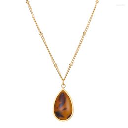 Pendant Necklaces RHYSONG Vintage Amber Leopard Print Water Droplets Stone Necklace Women Beads Chain Stainless Steel Plated Gold Jewellery