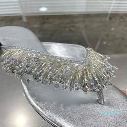 Slippers 2023 Flat Sandals Woman Genuine Leather Low-heeled Beaded Flower Clusters Crystal Flip Flops Sexy Summer