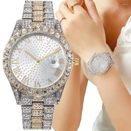 Wristwatches Women's Watch Fashion Full Star Elegant Style Rhinestone Set Metal Strap Roman Text Calendar Quartz For Women