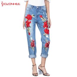 Jeans Flowers 3D Torn Jeans With Embroidery Rose Flower Elasticity Jeans Women's With Female