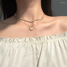 Pendant Necklaces French Double Layer Love Rice Bead Necklace Light Luxury Small And High Grade Layered Pearl Neckchain For Women 2023