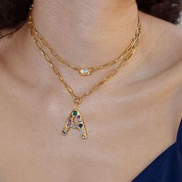 Chains Fashion Colourful Stone Inlaid Letter A Pendant Necklace Gold Colour Multilayer Choker For Women Clavicle Chain Jewellery