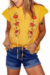 yellow Floral Embroidered Flutter Sleeve Top c5jr#