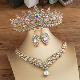 Wedding Jewellery Sets KMVEXO Gorgeous Crystal AB Bridal Jewellery Sets Fashion Tiaras Earrings Necklaces Set for Women Wedding Dress Crown Jewellery Set 230518