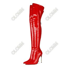 Olomm Women Winter Thigh Boots Patent Stiletto Heel Pointed Toe Gorgeous Red Fuchsia White Black Club Shoes Women US Size 5-13