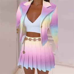 Two Piece Dress Multi Color Print Two Piece Set Women One Button Long Sleeve Blazer Jacket Top Pleated Mini Skirts Office Ladies Autumn Suits P230517