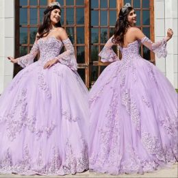 Yeni lavanta dantel boncuklu balo elbisesi quinceanera elbiseler tatlım boyun tül aplike aplike palyolu palyaço ile sargı süpürme treni tatlım 15