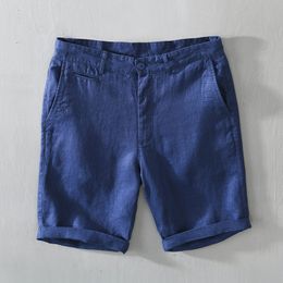 Men's Shorts L8216 Mid Waist Linen Beach Shorts Summer Men Simple Business Casual Straight Pockets Solid Color Zipper Work Knee Length Pants 230518