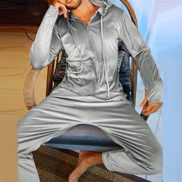 Men's Sleepwear INCERUN Men Pyjamas Jumpsuits Velour Solid Hooded Long Sleeve Zipper Rompers Homewear Pockets Leisure Men SleepwearS-5XL 7 230518