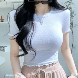 Women's T Shirts Screw Thread Sexy Skinny Cropped Shirt Short Sleeve O-Neck Crop Top Women Tshirts Korean Style Elasticity Summer