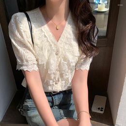 Women's Blouses Fashion Ruffle Chiffon Shirt Lady Elegant Sweet Button Clothes Summer Lace Blouse Korean V-neck Puff Short Sleeve Tops 25355