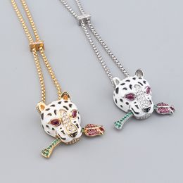 Leopard Rose 925 Silver Diamond Long Gold Pingente de colar