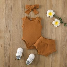 Clothing Sets 0-24 Months Newborn Baby Girls Piece Clothes Set Toddler Summer Solid Colour Sleeveless Knitted Rib Shorts Hairband