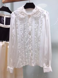 Women's Blouses 2023 Women Fashion Long Sleeve Sexy Casual Doll Collar Mulberry Silk Lace Edge Shirt 0509