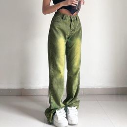 الجينز Weiyao Forest Green Fairycore Gread Jeans Retro Retro Reshetic Y2K High High Weist Denim Pants Entic Design Prouts Womens