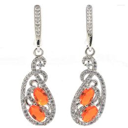 Dangle Earrings 39x11mm Elegant Moon Orange Spessartine Garnet London Blue Topaz White CZ Gift For Ladies Silver