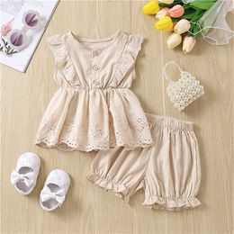 Clothing Sets Girls Suit Summer Fashion New Children's Sleeveless Button Down Ruffle Tops and Shorts Two-piece Girls Clothing Sets