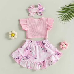 Clothing Sets Infant Baby Girls Summer Clothing Outfit Sets Flying Sleeve Neck Tops and Floral Skirt and Headband Sweet Outfits