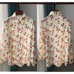 Women's Blouses Shirts Ladies Cherry Print Silk 100 Lapel Long Sleeve Blouse Shirt Top 230517