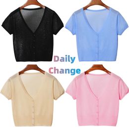 Women's Knits Tees Summer Cardigan For Women Short Sleeves Thin knitwears Tops Sweater jacket Ice Silk Korean Fashion blouse over fit 230518