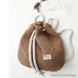 Stuff Sacks Summer Women Straw Backpack Beach Bag Drawstring Knapsack Knitted Crocheted Shoulder Bag Travel Bag