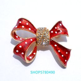 Fashion Jewellery Red Colour Ribbon Rhinestone Brooches for Women Elegant Enamelled Pin Lady Christmas Gift Holiday Dress Decoration