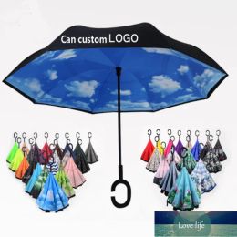 Classic Folding Reverse C Shape Umbrella Double Layer Unisex Inverted Long Handle Windproof Rain Car Umbrellas Gifts Free DHL Ship