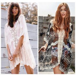 Women's Swimwear Bohemian Printed Cover Up Beach Dress Loose Plus Size Short Skirt Sexy Lace Bikini Sunscreen Swimsuit Coverup Beachwear