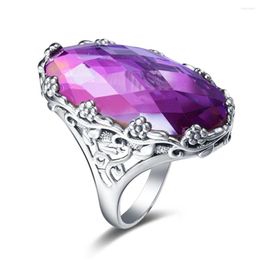Cluster Rings Sterling Silver For Women Genuine 925 Punk Ring Vintage Purple Stone Jewellery Wedding Gift Female
