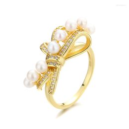 Cluster Rings RZ-13 ZFSILVER Silver S925 Fashion Trendy Gold Luxury Fresh Design Bowknot Freshwater Pearl Ring For Women Wedding Charm