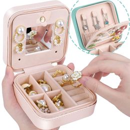 Jewellery Stand Organiser PU Leather Storage Box With Mirror Travel Portable Earring Holder Display Flannel Women Girl Gift 230517