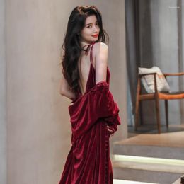 Women's Sleepwear Red Sexy Pajamas Set For Women Homewear Lounge Velvet V-neck Dress Robe Backless Spring Autumn Night Wears Ladies