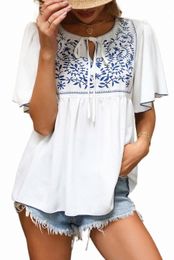 white Casual Tie Front Floral Print Flounce Sleeve Top B5zw#