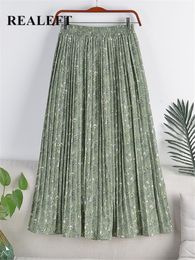 Skirts REALEFT Summer Vintage Floral Print Tulle Pleated Women's MiLong Chiffon High Waist Loose Female Umbrella Skirt 230519