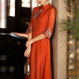 Dresses Vintage Embroidery MidiDress Women Half Sleeve Cheongsam Tang Suit Chinese Style Dress Ethinic Style 2021 Summer Autumn New